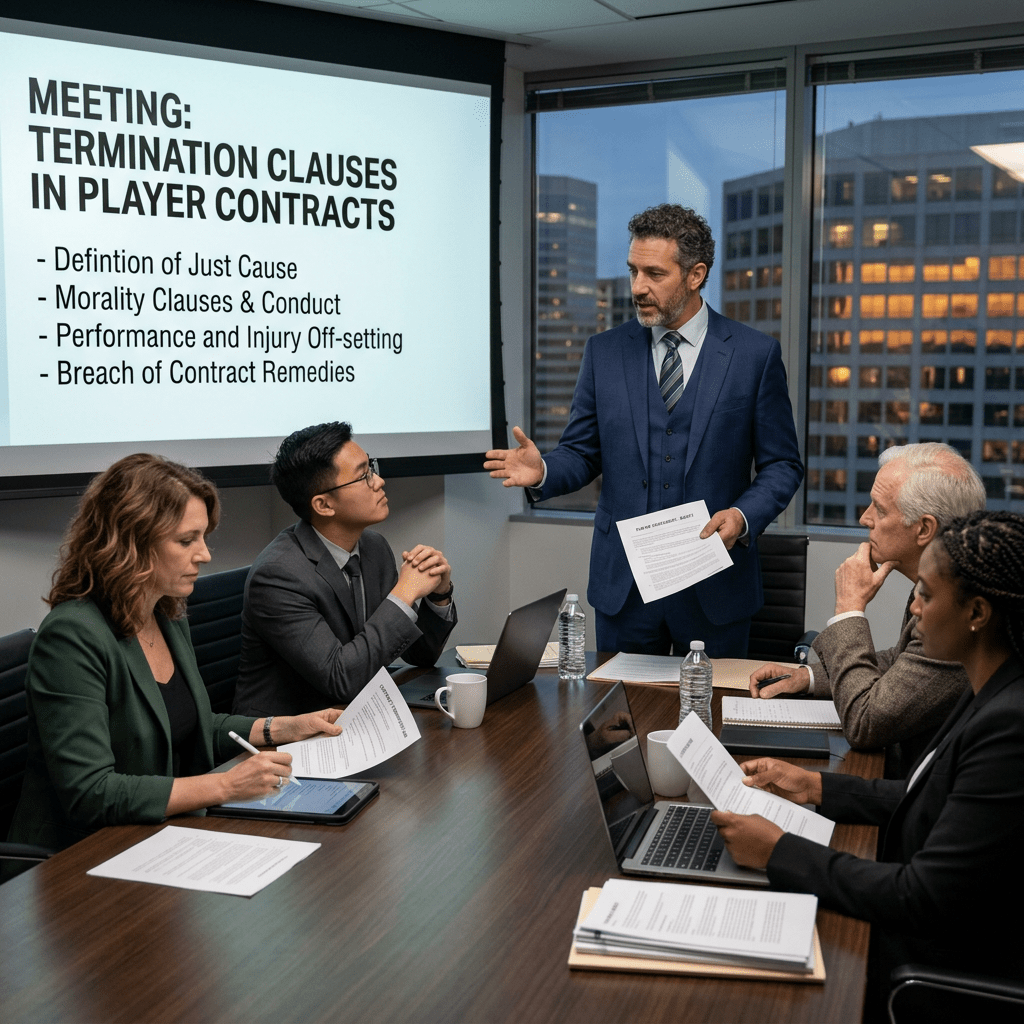Business meeting about termination clauses in player contracts with five professionals