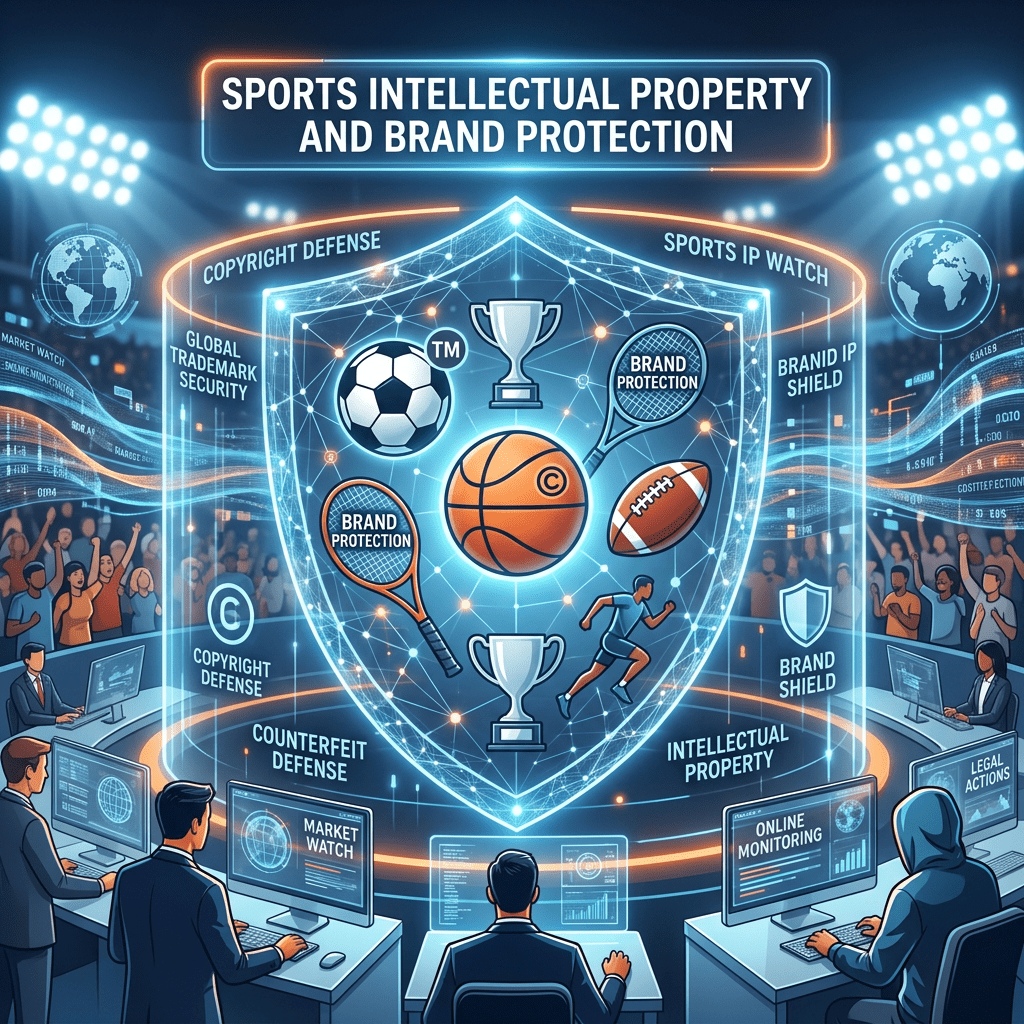 Digital shield displaying sports-related symbols like a soccer ball, basketball, tennis rackets, trophies, and a running athlete surrounded by terms related to brand protection and intellectual property