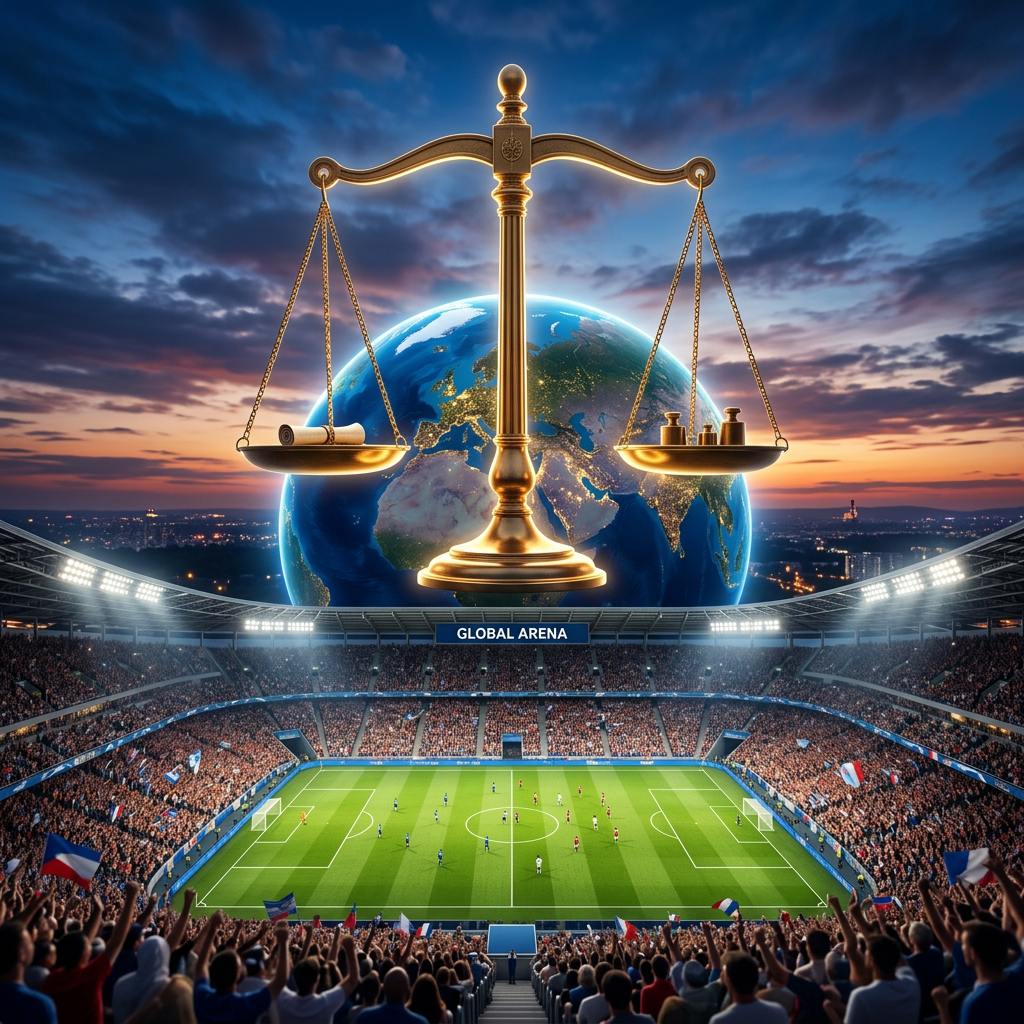 Golden justice scale with scroll and weights above a crowded soccer stadium labeled Global Arena under a sunset sky